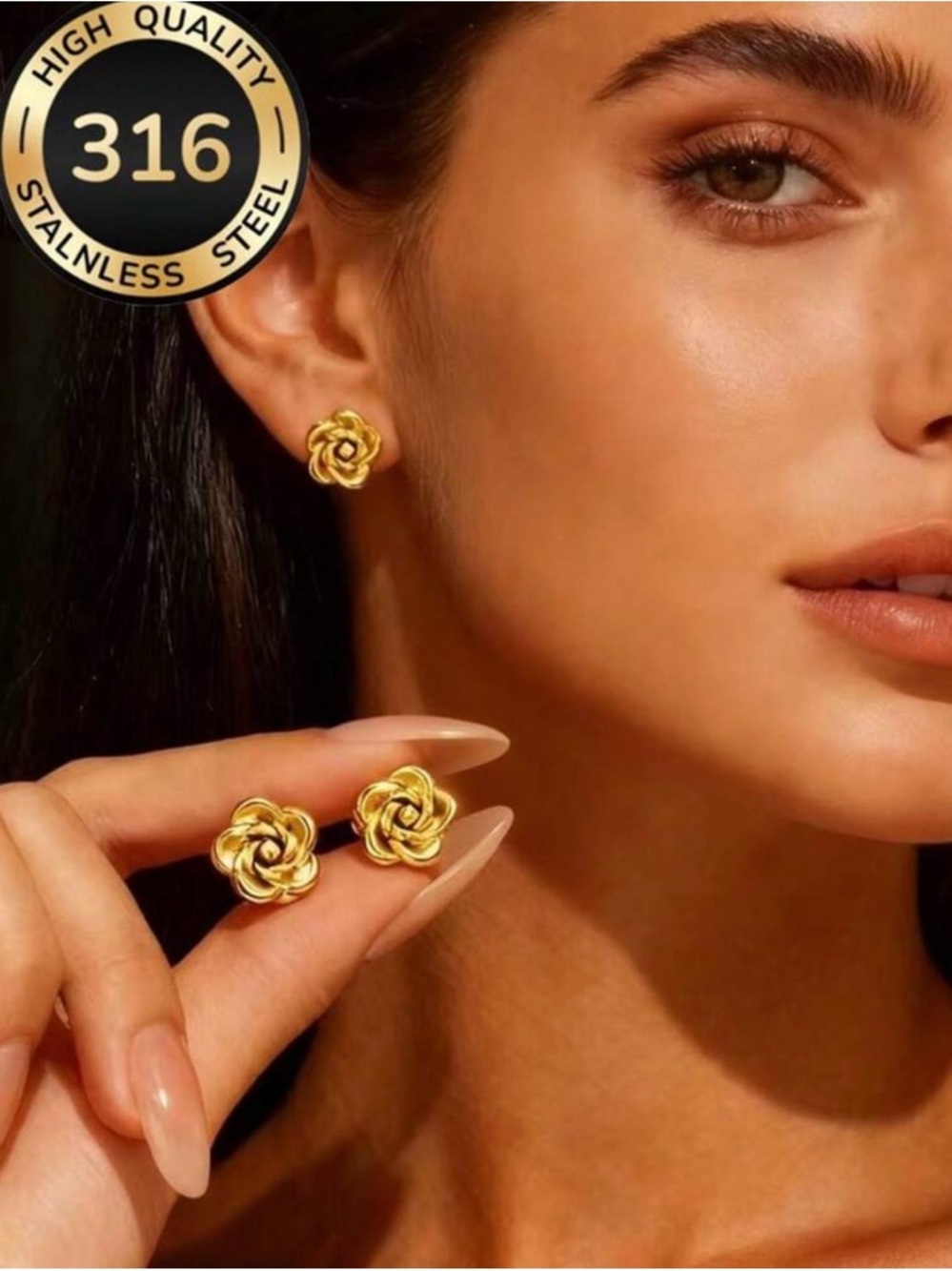 🌺 New Gold Rose Stainless Steel Stud Earrings - Women Jewelry stainless steel